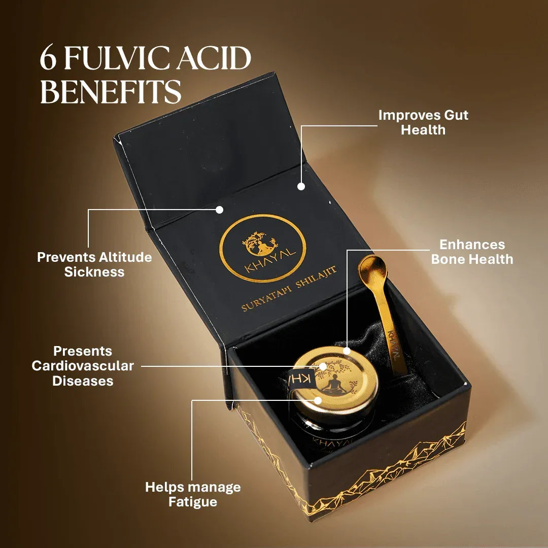 Open black and gold box of Suryamrit Shilajit with a small jar and golden spoon inside. Text highlights six fulvic acid benefits, including gut, bone, cardiovascular health, fatigue, and altitude sickness.