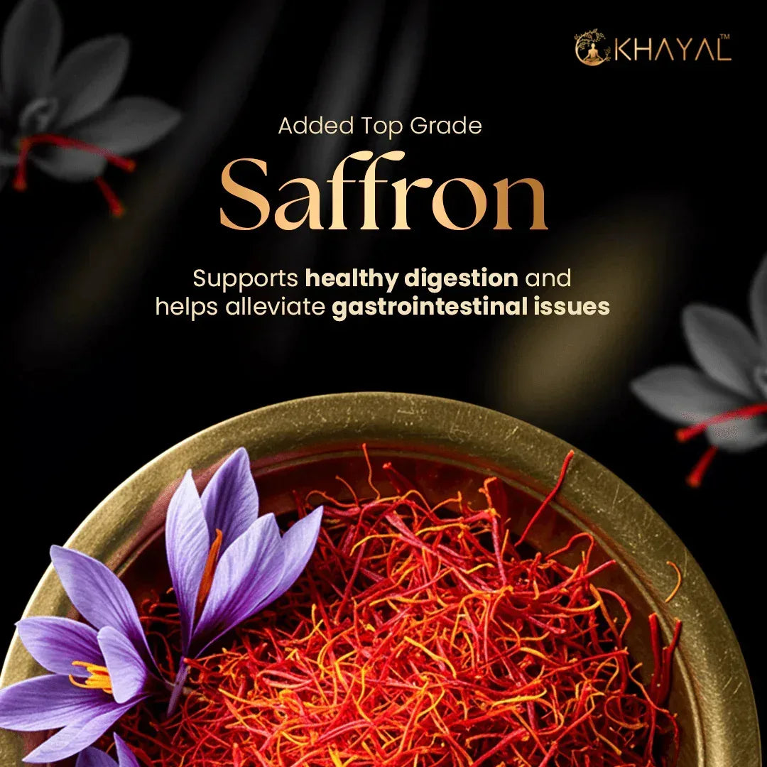 A decorative bowl filled with red saffron threads and purple saffron flowers. Text reads: “Added Top Grade Saffron. Supports healthy digestion and helps alleviate gastrointestinal issues.” The Khayal logo is in the corner.