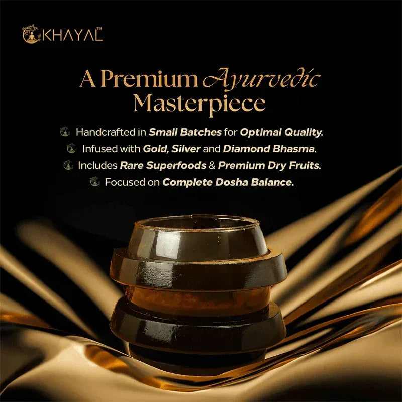 A dark glass jar with a black lid is displayed against a gold and black background.