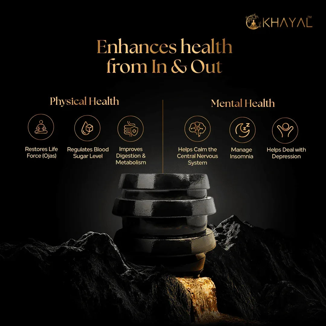 Promotional graphic for Khayal showing benefits of a product for physical and mental health, including restoring life force, regulating blood sugar, improving metabolism, calming the nervous system, managing insomnia, and aiding depression.